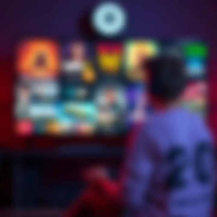 A gamer sitting in front of a screen with various game titles displayed, showcasing different genres and styles of games.