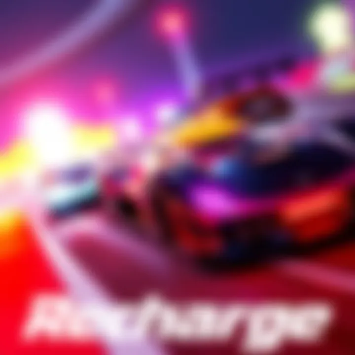 A dynamic scene from the Recharge game showing sleek racing cars on a vibrant track