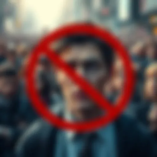 A person representing Reckless Ben looks frustrated as a public notice forbids him from speaking or posting online, with a crowd in the background showing mixed reactions.