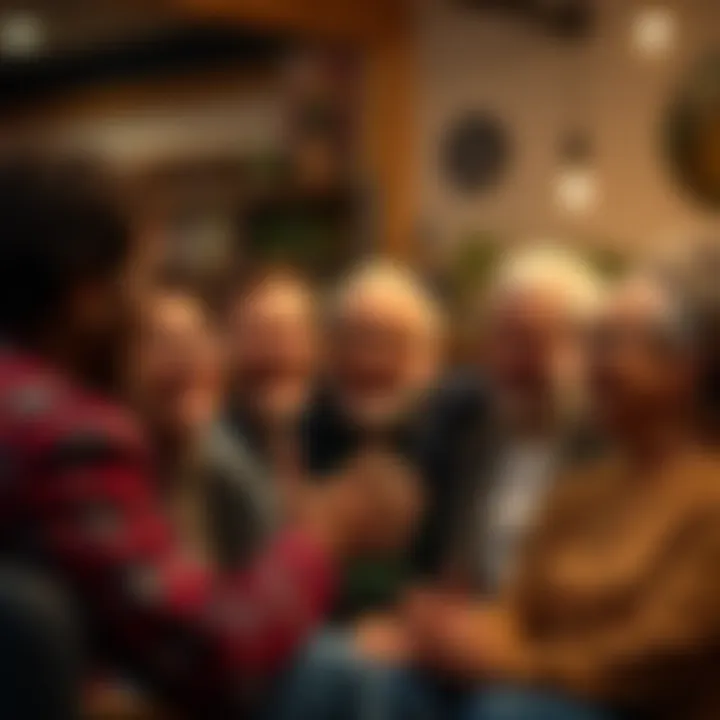 A group of diverse people smiling and sharing appreciation in a cozy setting, showcasing gratitude and connection.