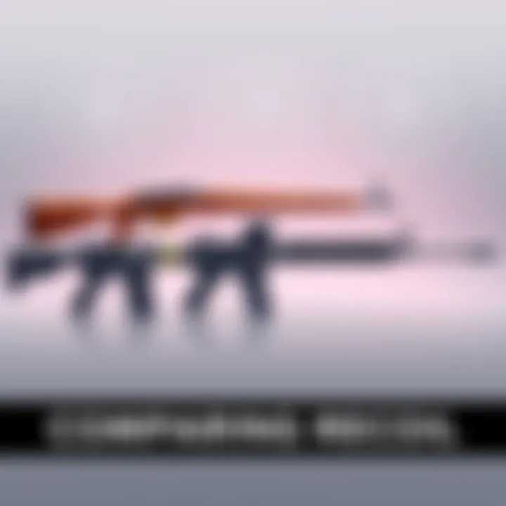 Three assault rifles, Famas, FN Fal, and Asval, displayed side by side with recoil patterns illustrated above them, showing their performance for beginners.