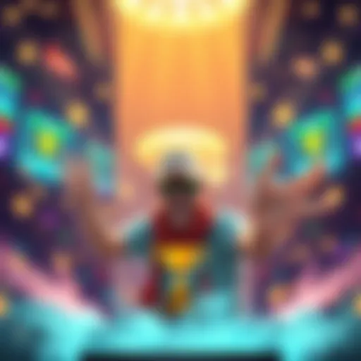 Record Placement Celebration A player joyfully celebrating their record placement in a campaign map run, surrounded by colorful graphics representing their achievement, with a trophy and a backdrop of the campaign map.