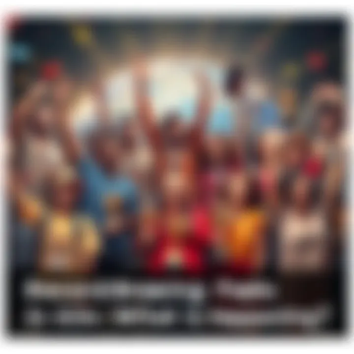 People Celebrating Record Achievements Group of diverse people joyously celebrating various record-breaking achievements, showcasing trophies and awards, with a global backdrop symbolizing international recognition.