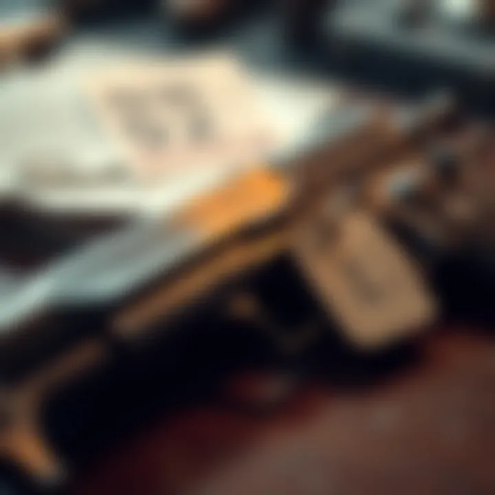 A close-up of a vintage gun with a name tag attached, symbolizing the connection between the first user and the weapon.