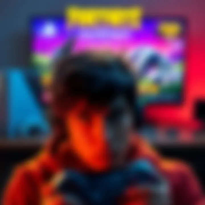 Recovering PSN Account A gamer looking worried while trying to recover their PSN account after being scammed, with a gaming console and Fortnite on the screen behind them.