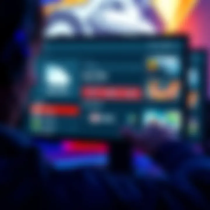 A gamer looking at a computer screen showing save file options for a game, with images of cloud storage and game icons in the background.