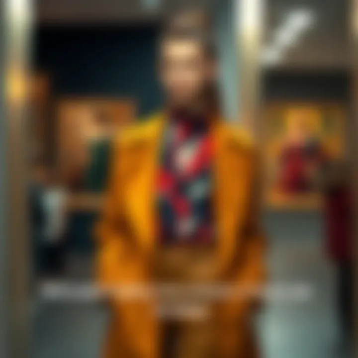 A model showcases a stylish outfit inspired by famous artwork, highlighting the garment's design and colors.