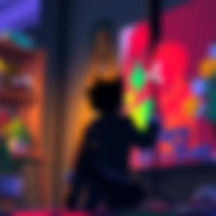 A digital artwork showing a character from Gloomwood trying to recreate a friend's colorful painting, inspired by Blasko's style, with a vibrant but limited color palette.