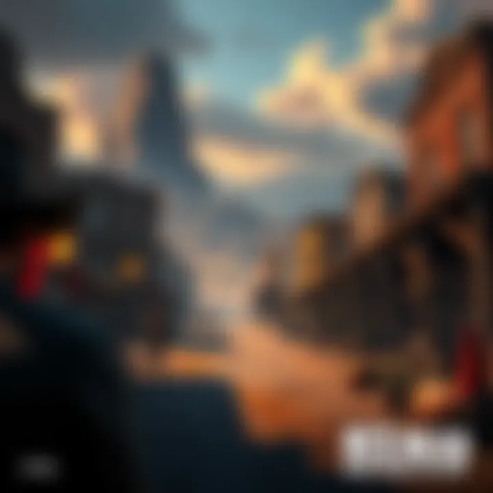 A scene depicting an immersive sim version of a western town with first-person gameplay elements, showcasing dynamic environments and bounty options.