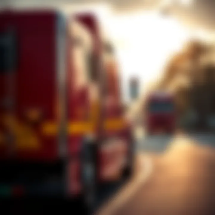 A red truck parked on the side of the road with visible warning signs about flammable contents.