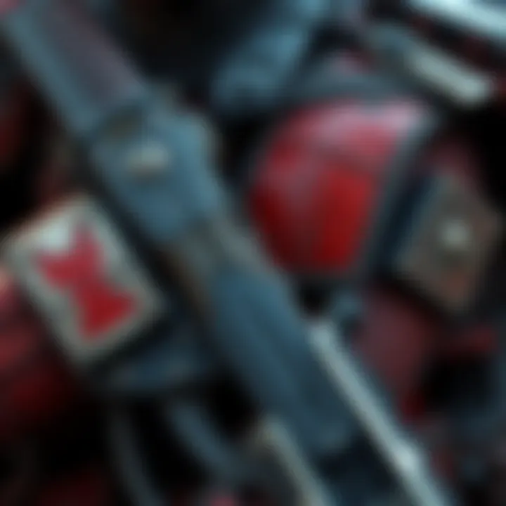 Red War Guardian Gear Close-up of a worn Red War Guardian's gear showing signs of battle and nostalgia, with a soft focus on a cherished weapon and armor pieces.