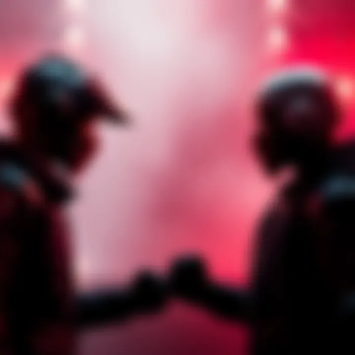 Red9 vs Verdugo Showdown Red9 and Verdugo confront each other in a tense standoff, showcasing their rivalry in a minimalist setting.