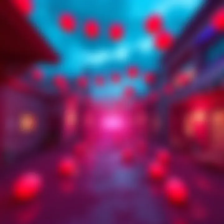 A view of red beach balls glowing pink in the residential sector of DLC4 during a mini quest.