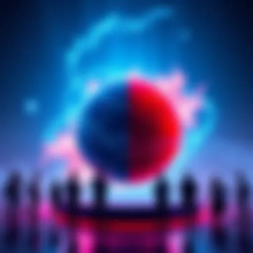 Two cosmic spheres representing red and blue colors, with people discussing around them.