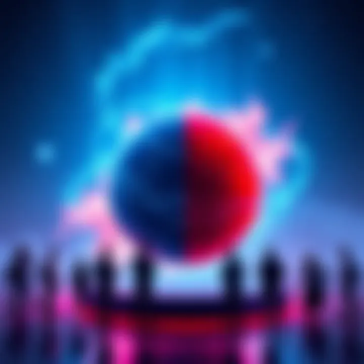 Red and Blue Cosmic Debate Two cosmic spheres representing red and blue colors, with people discussing around them.