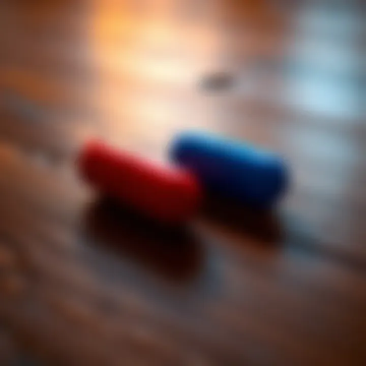 Close-up of a red pill and a blue pill resting on a wooden table, symbolizing the choice between truth and comfort.