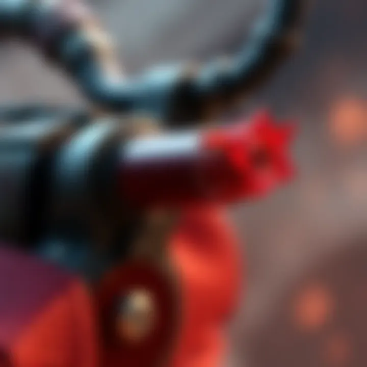 Close-up of a red element attached to a game character's weapon with a focus on its texture and design.