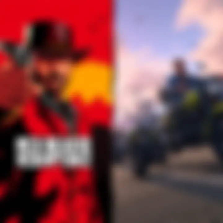 A split screen showing scenes from Red Dead Redemption 2 on one side and Grand Theft Auto V on the other, highlighting their distinct game environments
