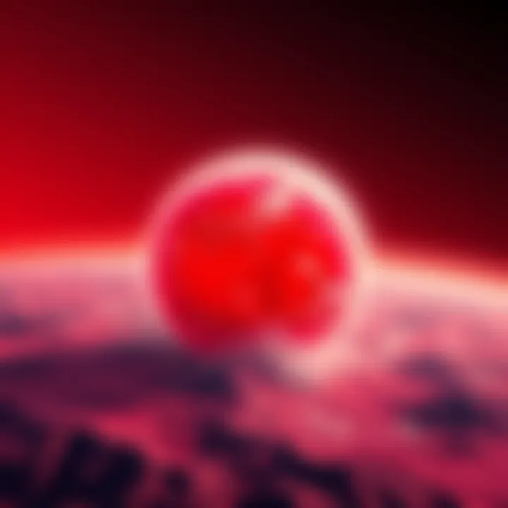 A striking view of the Earth's surface appearing red, showcasing unusual colors and textures.