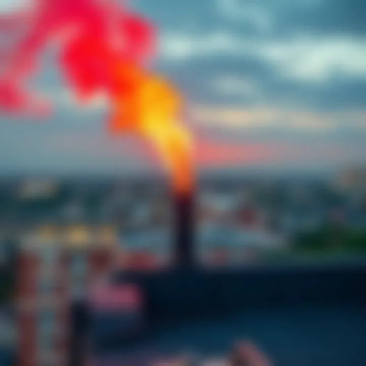 A bright red flare placed on a city rooftop signaling an emergency or construction activity