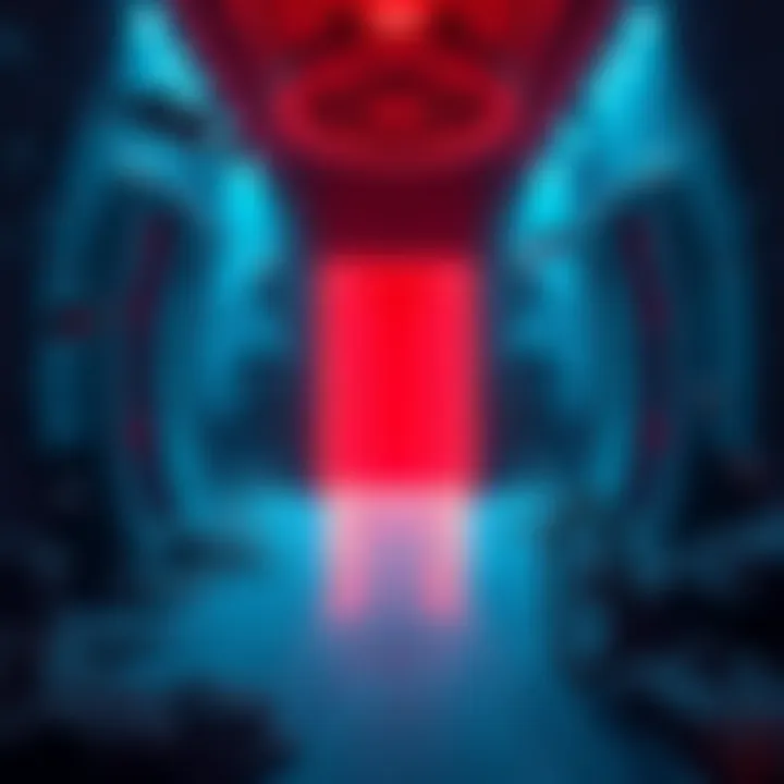A red glowing door located in an underwater facility, surrounded by blue water and marine life.
