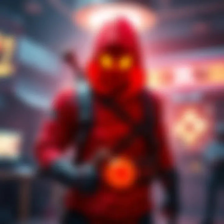 A character resembling a Red Hooded figure showcasing an Arc build with glowing effects and lucky pants in a gaming environment