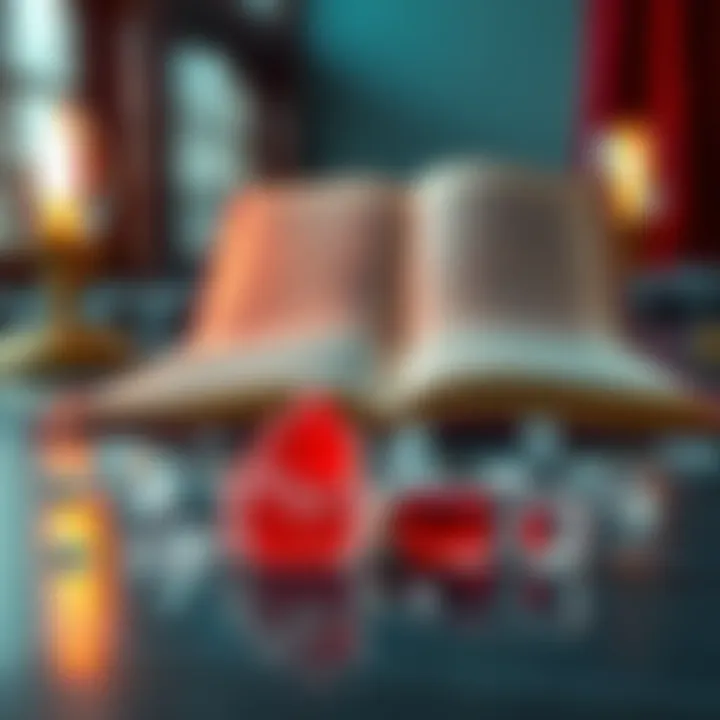 A close-up of red ice, a drug, on a table with a book about storytelling in the background, highlighting its impact on narrative