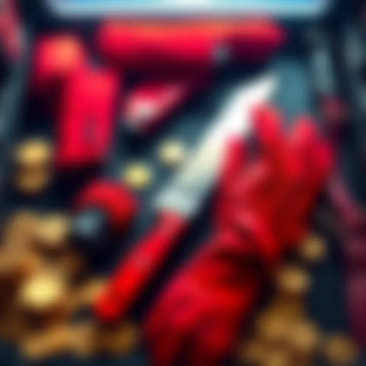 A display of red gloves and knife in a gaming inventory with gold coins