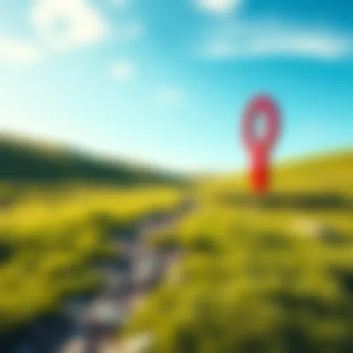 A giant red marker symbolizing unity, positioned on a green landscape with a blue sky above.