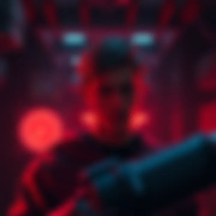 Red Monitor Mission Scene A player character in a dark environment with a red hue, looking concerned about story progression options ahead.