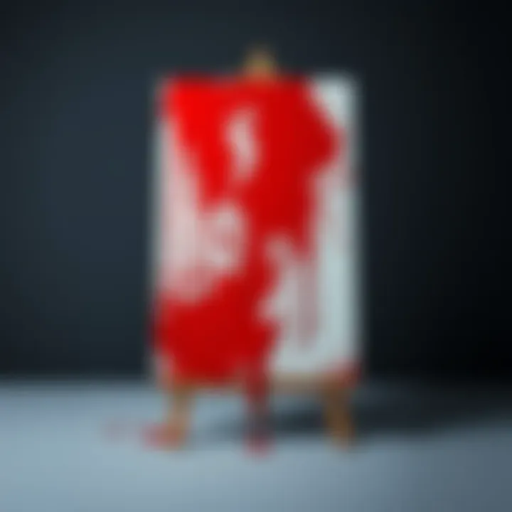 A canvas splashed with red paint, resembling a pool of blood, set against a dark background, evoking Halloween themes.