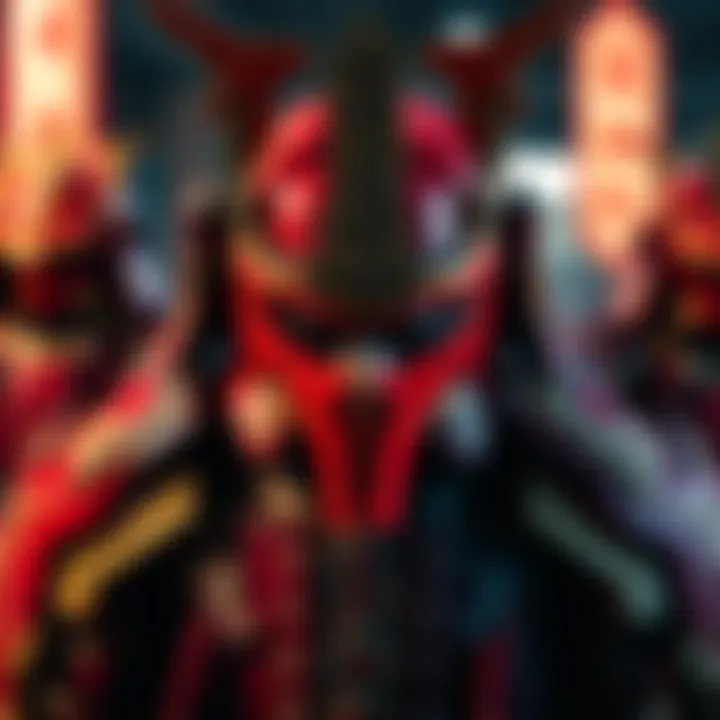 A close-up view of Red Sakai armor showcasing its bold red color and intricate design features.