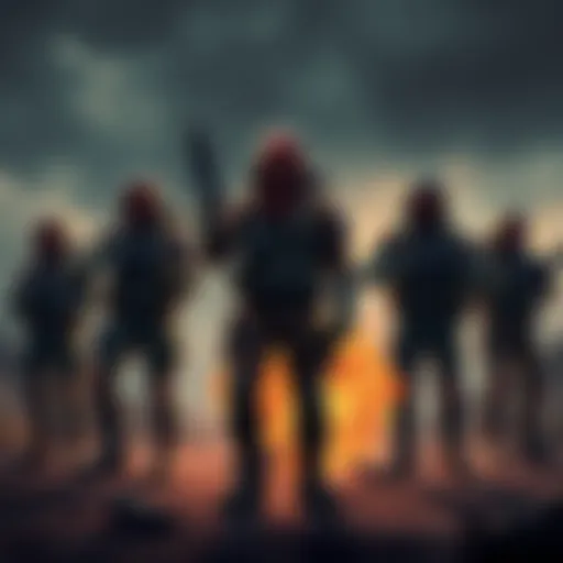 A group of Red Talon survivors standing confidently, showcasing their unique skills and gear in a post-apocalyptic setting, with normal survivors in the background looking on.