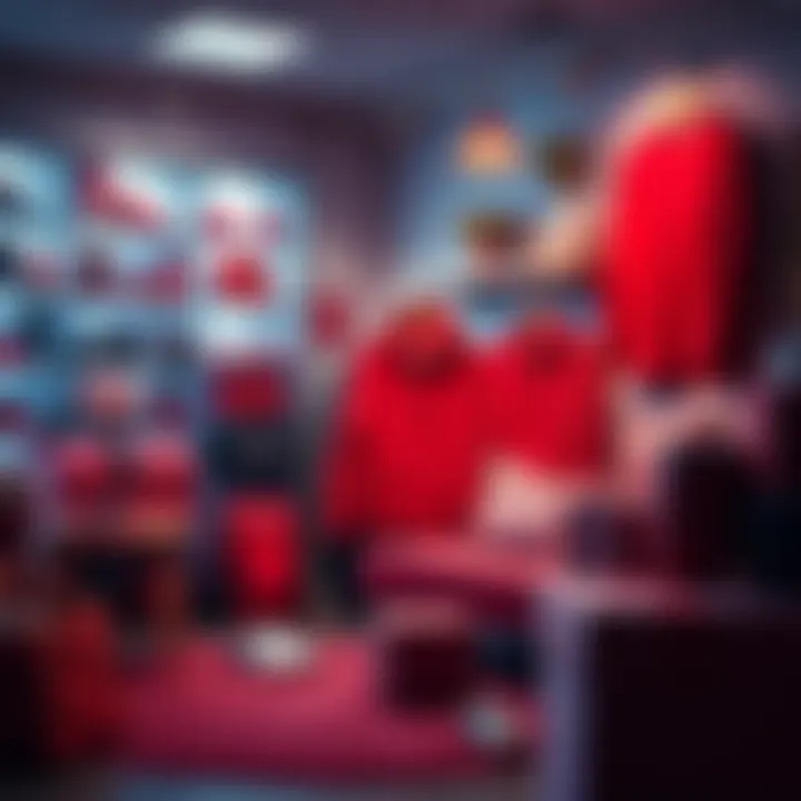 A collection of red-themed apparel and decor items arranged creatively, showcasing vibrant selections.