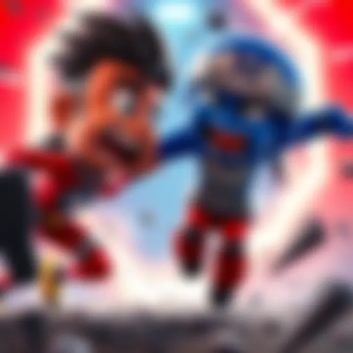 Two animated characters from Red vs Blue engaged in a comedic battle scene, showcasing their distinct colors and personalities.