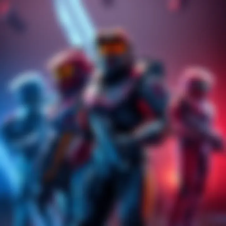 A promotional image featuring characters from Red vs Blue in the Halo 3 campaign, showcasing their unique armor and poses in a sci-fi setting.