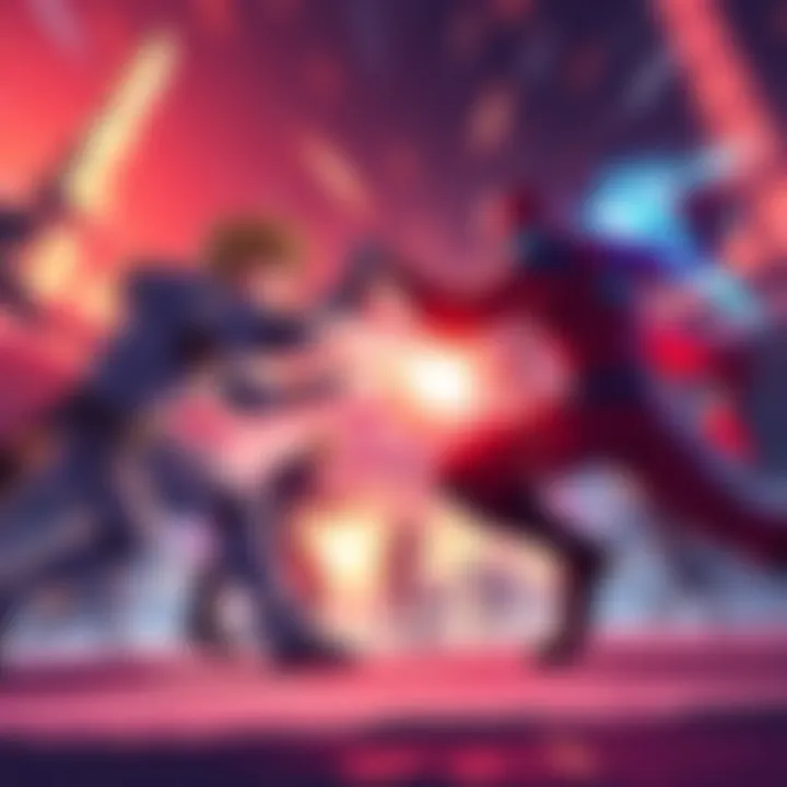 Energetic animated battle scene showcasing characters in action with dynamic movements and visual effects
