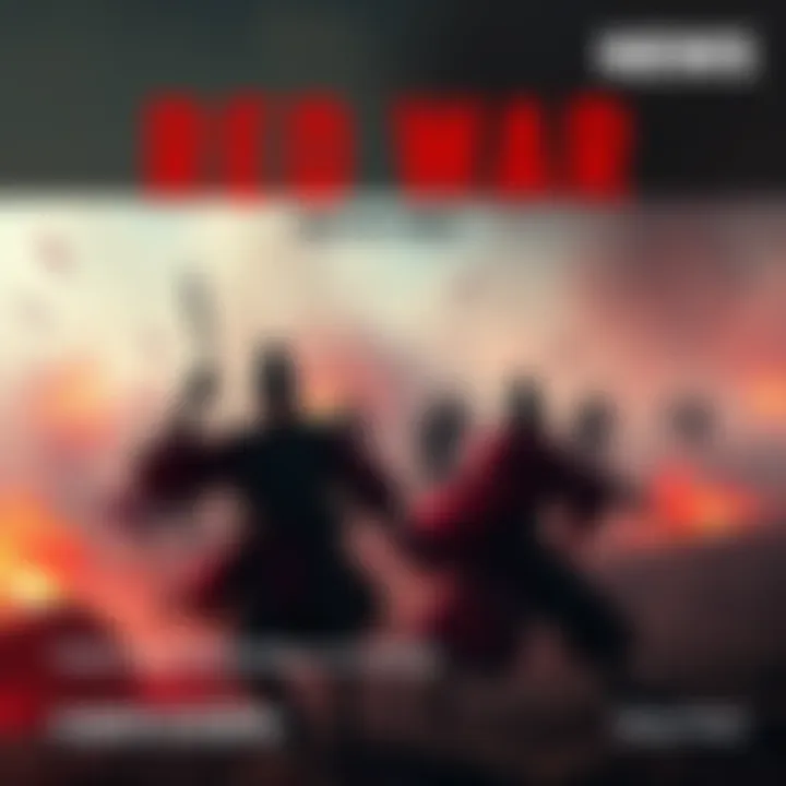 A chaotic battlefield with soldiers in traditional attire clashing amidst smoke and chaos, representing the Red War.