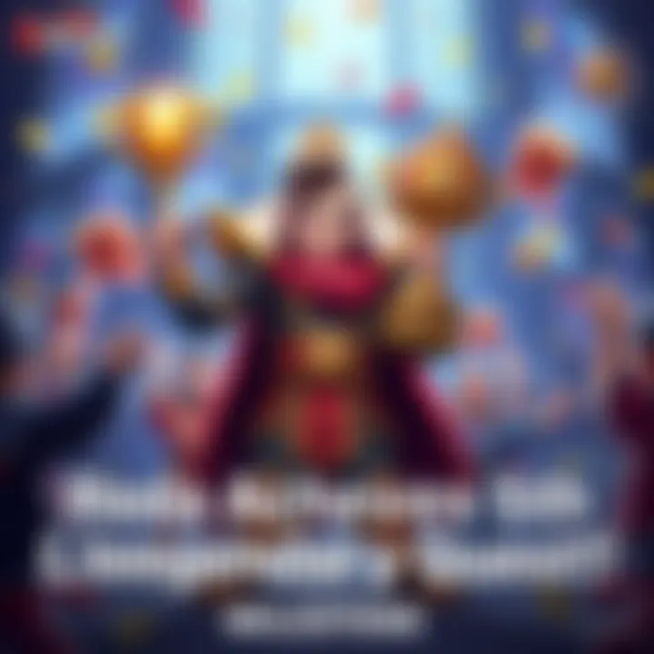 Reda stands proudly with a trophy, surrounded by colorful gaming rewards and cheering players, celebrating their achievement of completing five legendary quests.