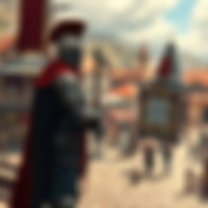 A Redoran Guard in armor stands watch, ready to protect the citizens of Tamriel, with a backdrop of a bustling town square.
