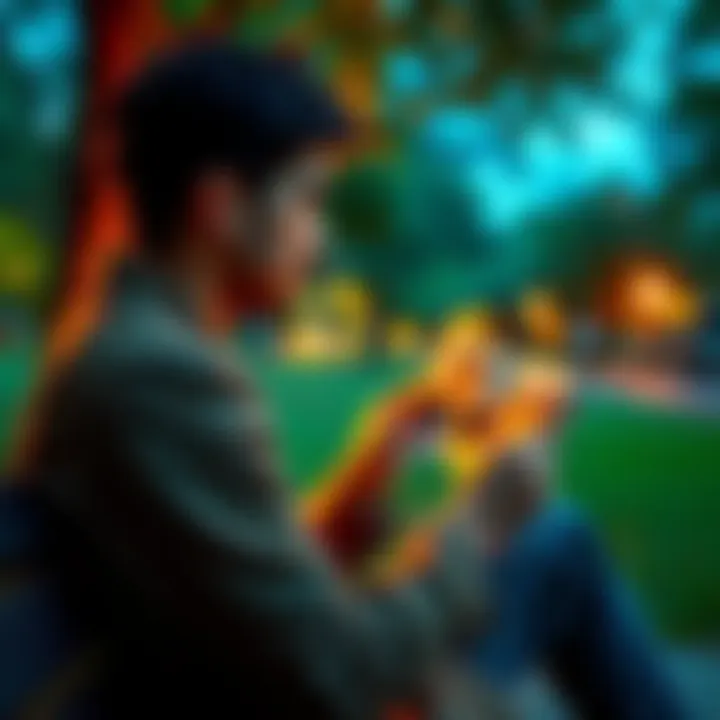 A person sitting on a park bench, gazing at old photographs, reminiscing about past experiences.