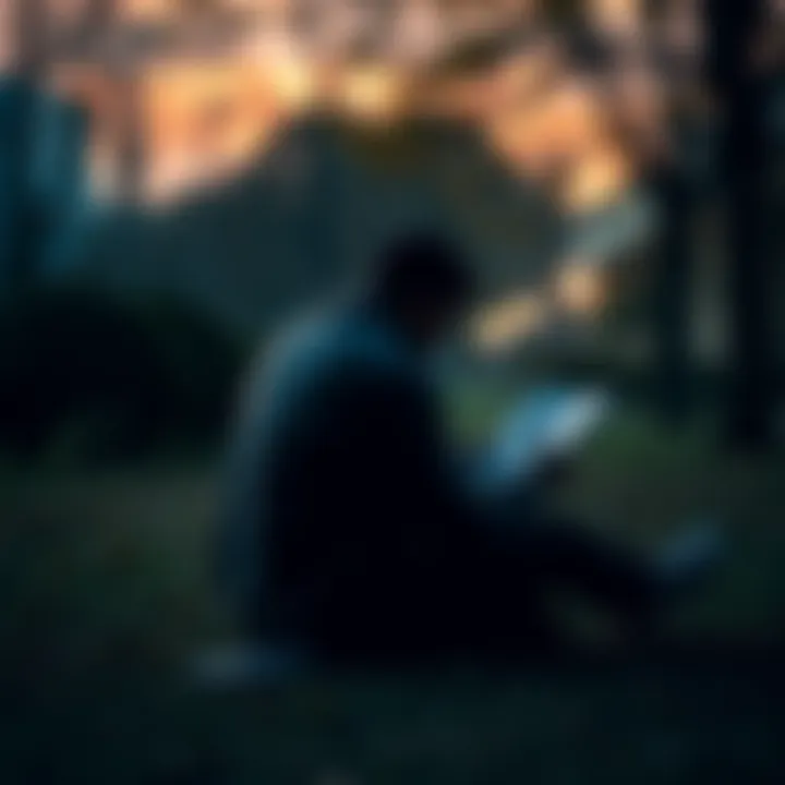 Reflecting on Mistakes A person sitting alone in a park, deep in thought, reviewing notes and memories to reflect on past mistakes for personal growth.