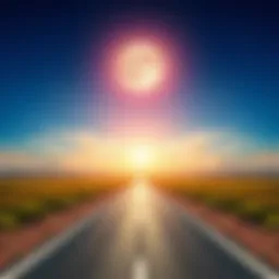A road stretching into the distance, symbolizing progress and future aspirations with a bright sky overhead