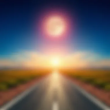 Reflecting on Our Journey A road stretching into the distance, symbolizing progress and future aspirations with a bright sky overhead