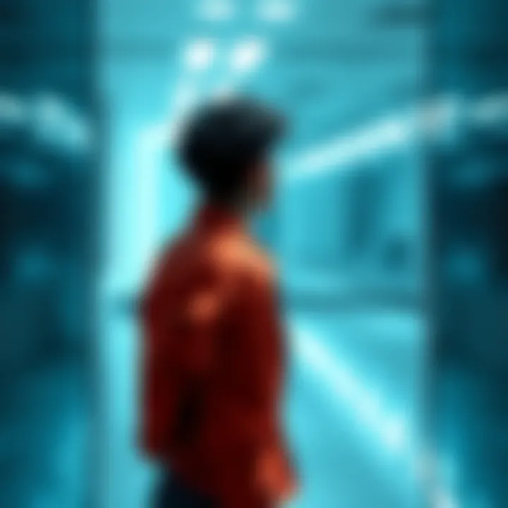 A person standing in front of a large mirror, contemplating their reflection, symbolizing self-evidence and independence.