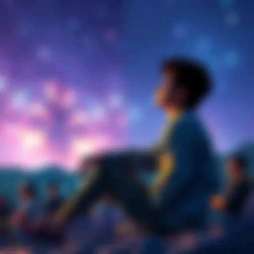 A person sitting thoughtfully with a cosmic backdrop, contemplating feelings of FOMO after an event.