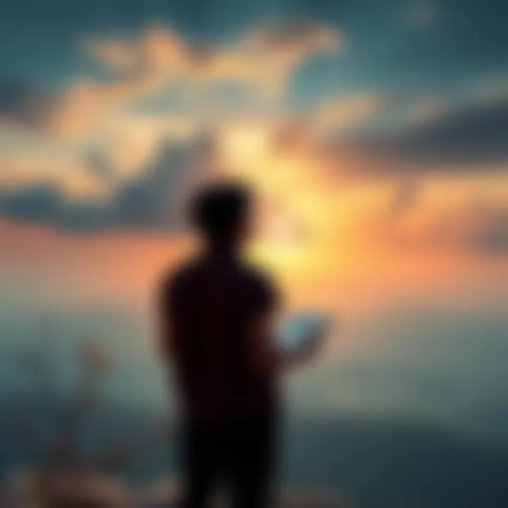 A thoughtful person looking out over a serene landscape, reflecting on their journey and personal growth, with a notebook in hand.