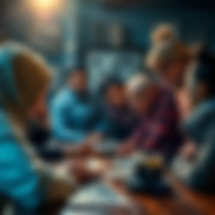 Reflection on History A group of diverse people gathered around a table, sharing stories and looking at old photographs that showcase historical events and personal memories.