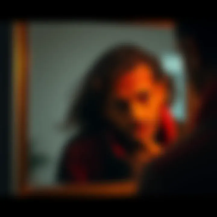 A person looking into a mirror with a thoughtful expression, symbolizing self-reflection and identity exploration.