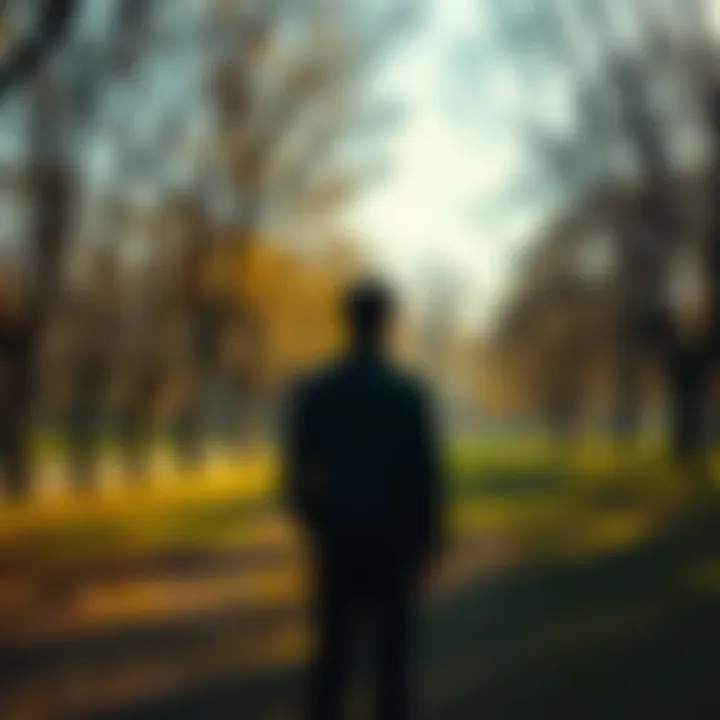 A person standing in a serene park, contemplating life and death amidst trees and soft sunlight.